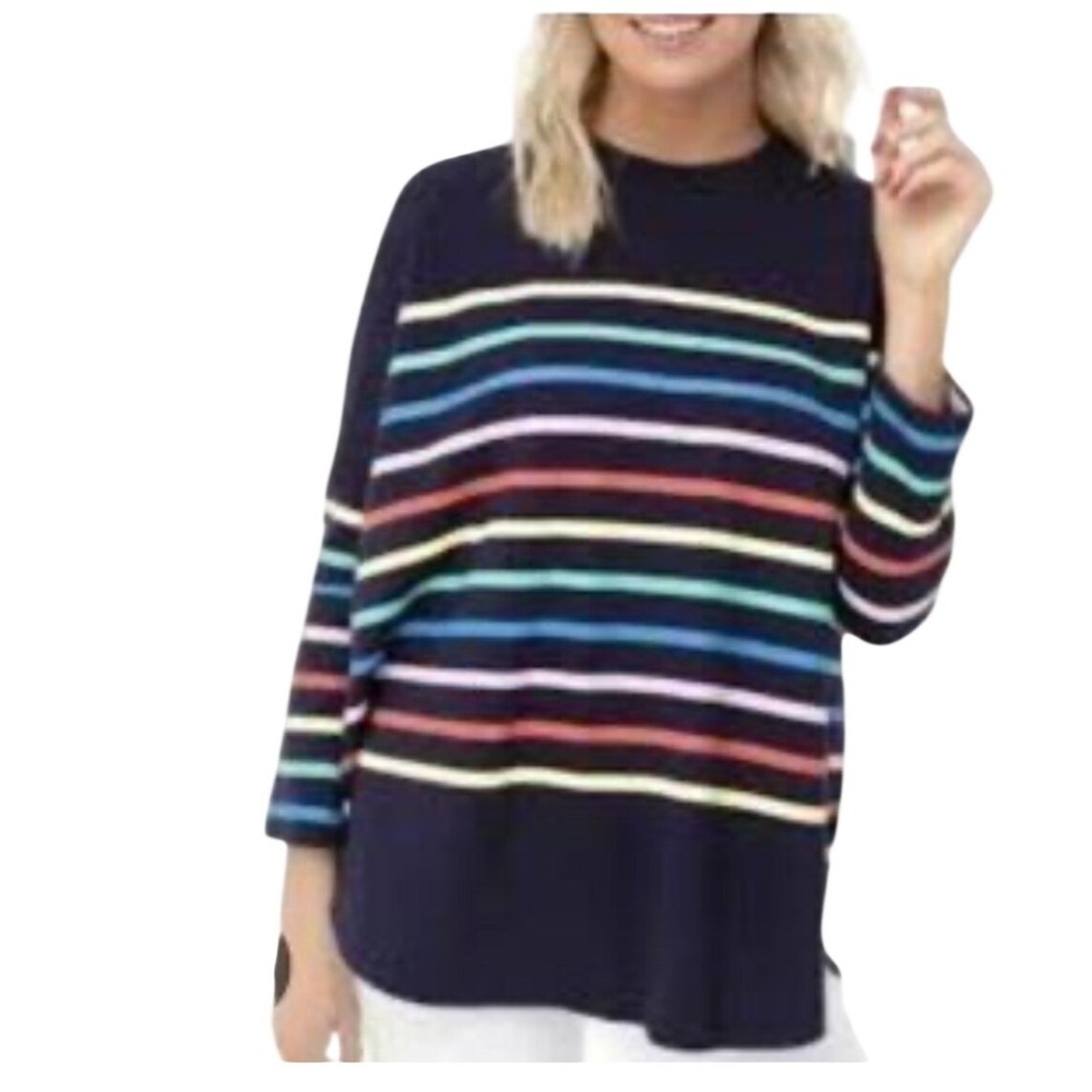 Pomander Place Navy Multi Color Stripe Oversized Top One Size NWOT